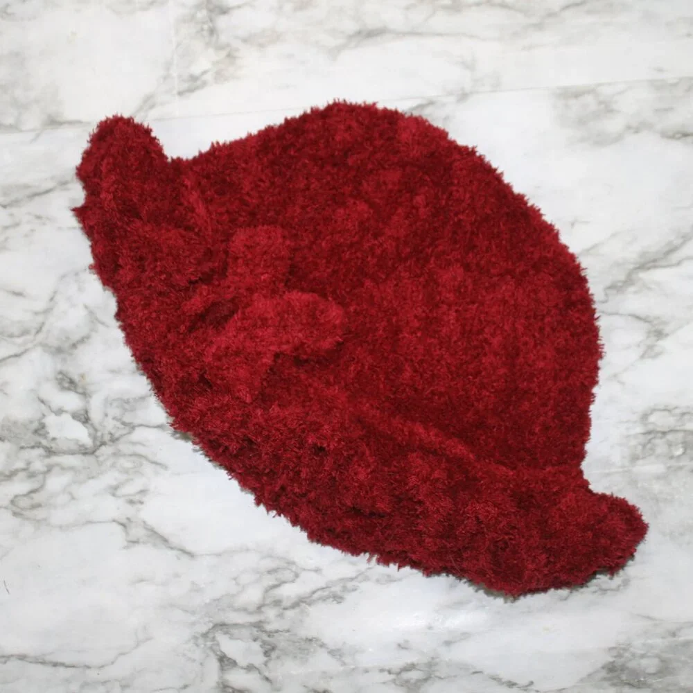 HAND CRAFTED Hat Crochet Bucket Teddy Faux Fur Winter Full Ruffle Red Burgundy